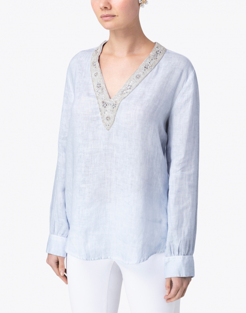 Front image - 120% Lino - Sky Blue Embellished Linen Shirt