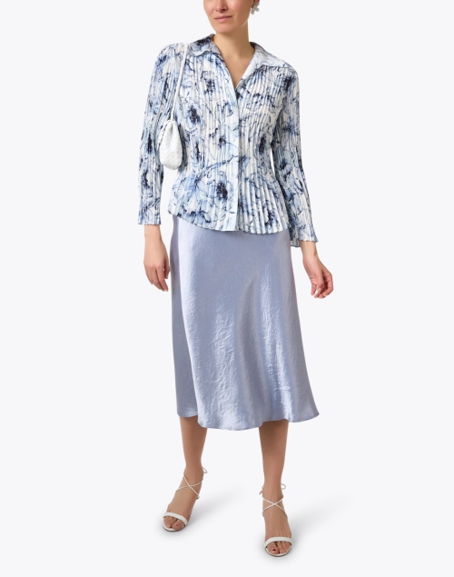 Blue and White Print Pleated Blouse