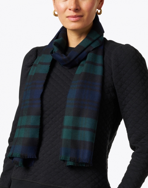Look image - Johnstons of Elgin - Navy and Green Tartan Extra Fine Wool Scarf
