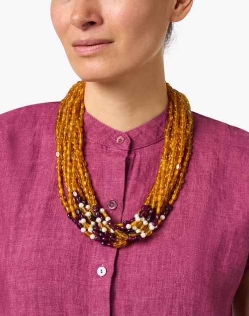Amber, Amethyst and Pearl Multi Strand Necklace