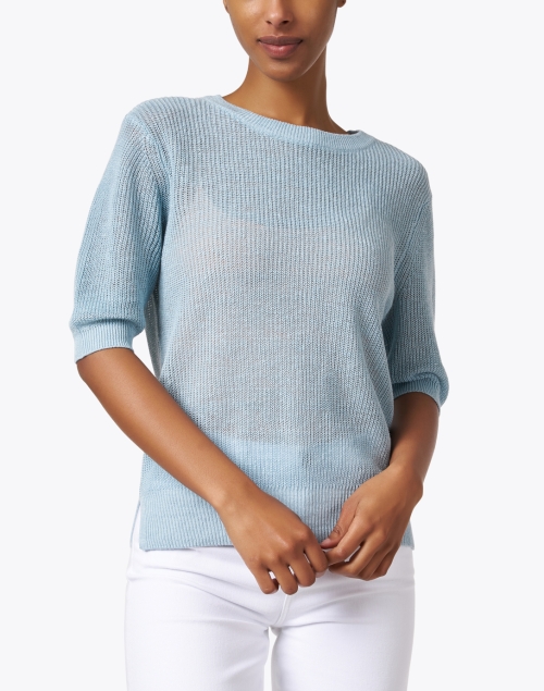 Front image - White + Warren - Blue Linen Knit Top