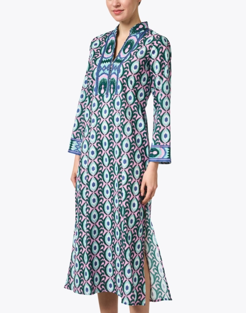 Front image - Bella Tu - Pink and Green Print Beaded Cotton Kaftan Dress