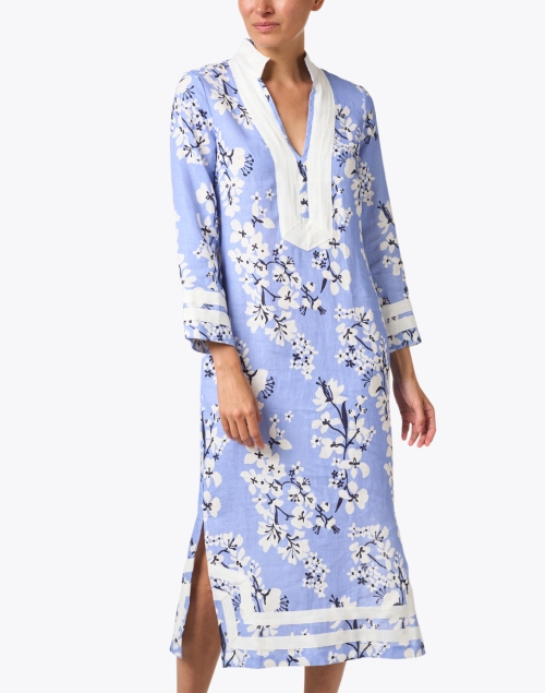 Front image - Sail to Sable - Blue and White Print Linen Tunic Dress