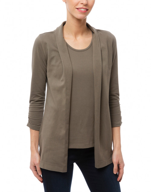 Front image - E.L.I. - Sage Green Ruched Sleeve Cotton Cardigan