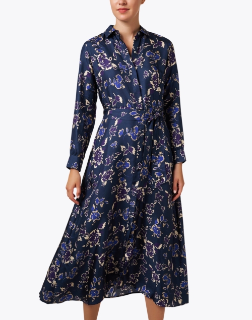 Front image - Rosso35 - Navy Floral Silk Shirt Dress