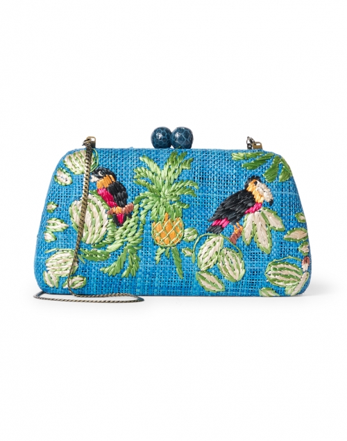 Front image - SERPUI - Tina Tropical Embroidered Blue Raffia Straw Clutch
