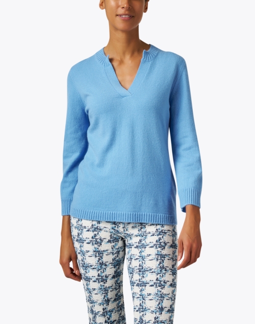 Front image - Kinross - Blue Cashmere Split Neck Sweater