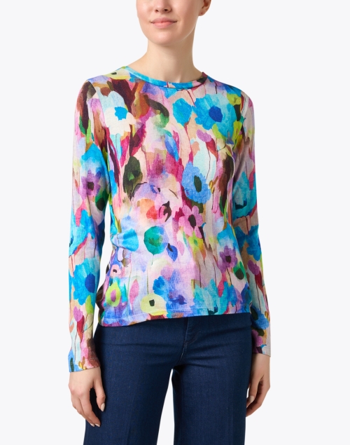Front image - Pashma - Blue Multi Abstract Print Cashmere Silk Sweater
