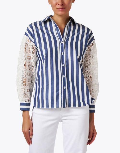 Front image - Vilagallo - Vernen Blue and White Stripe Lace Sleeve Blouse