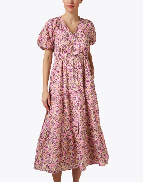 Front image - Banjanan - Poppy Pink Floral Print Cotton Dress