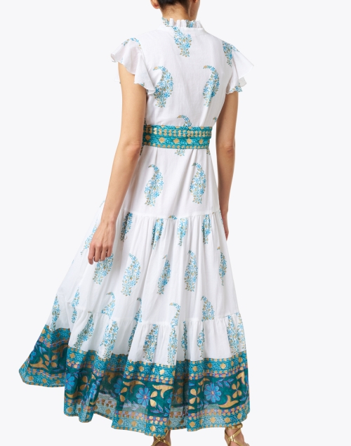 Back image - Oliphant - White and Turquoise Print Cotton Shirt Dress
