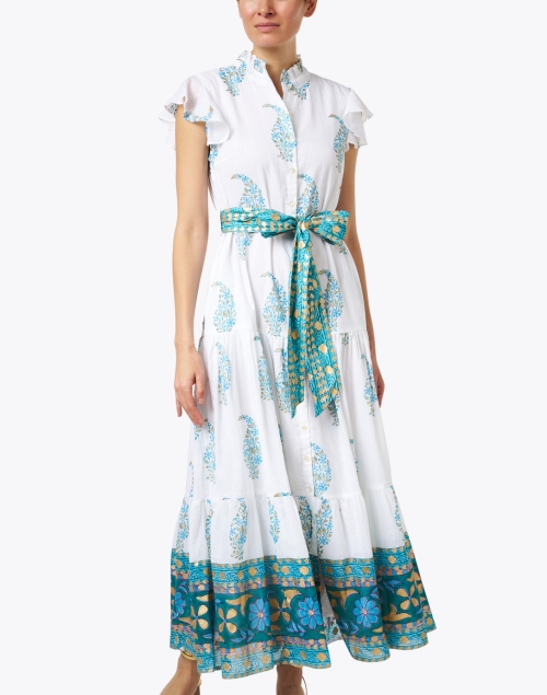 Front image - Oliphant - White and Turquoise Print Cotton Shirt Dress