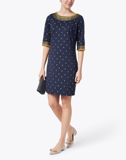 Navy and Gold Embroidered Jersey Dress