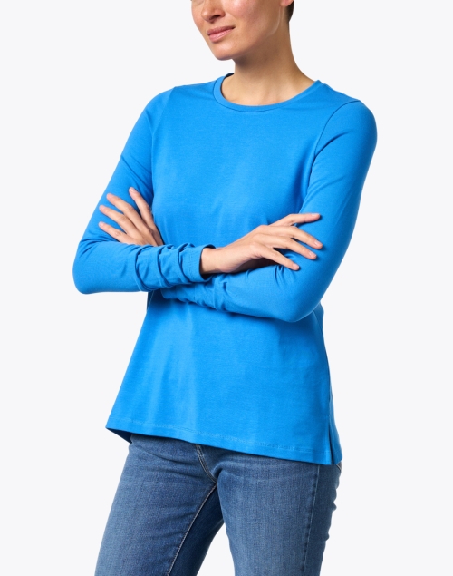 Front image - E.L.I. - Blue Pima Cotton Ruched Sleeve Top