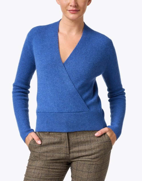 Front image - Kinross - Blue Cashmere Faux Wrap Sweater