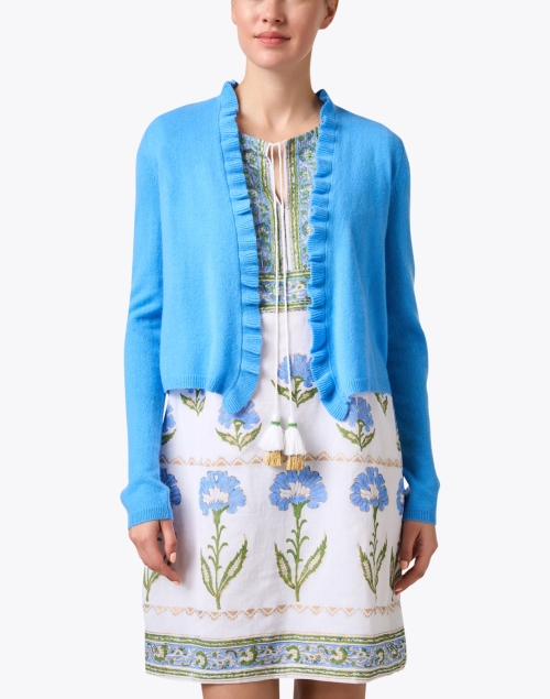 Front image - Kinross - Blue Cashmere Cropped Cardigan