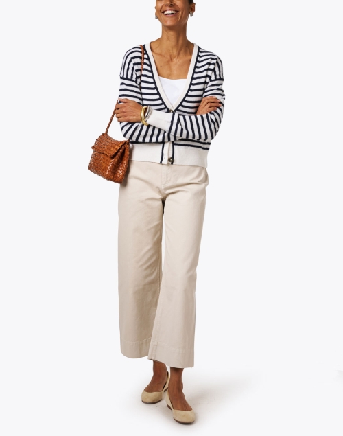 Look image - White + Warren - White and Navy Striped Cashmere Cardigan