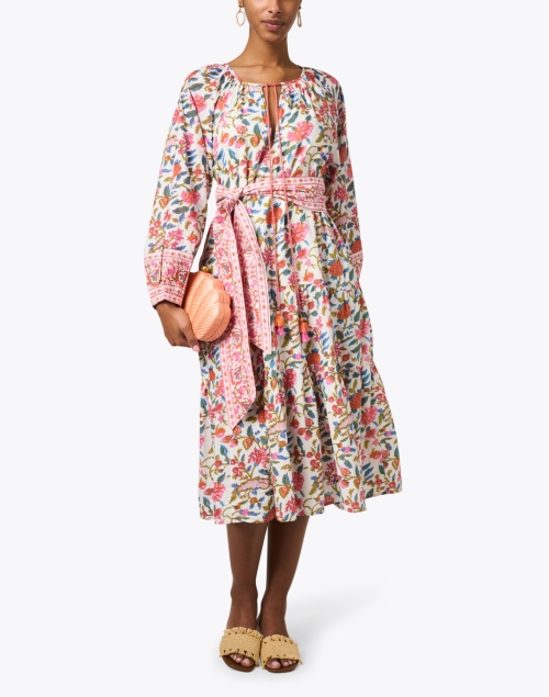 White and Pink Floral Print Cotton Dress