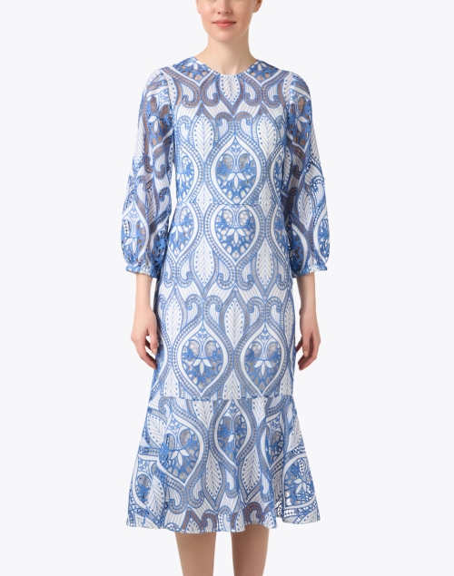 Front image - Shoshanna - Adella Ivory and Blue Embroidered Dress