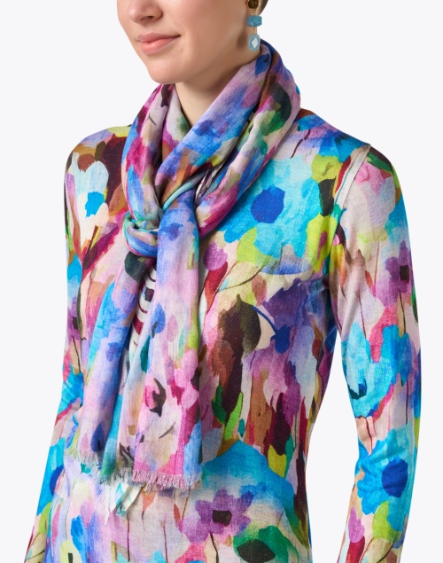 Blue Multi Abstract Print Cashmere Silk Scarf