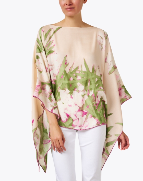 Front image - Rani Arabella - Pink Floral Print Cashmere Silk Poncho
