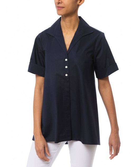 Front image - Hinson Wu - Betty Navy Short Sleeve Button Down Stretch Cotton Shirt