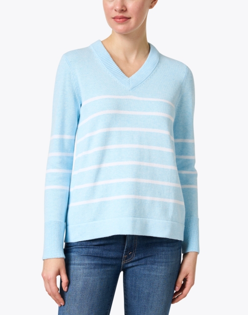 Front image - Kinross - Light Blue and White Stripe Cotton Sweater
