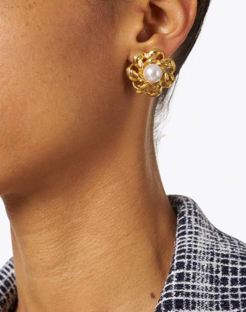 Gold Pearl Center Flower Clip Earrings