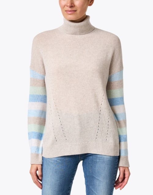 Front image - Kinross - Beige Multi Stripe Cashmere Sweater