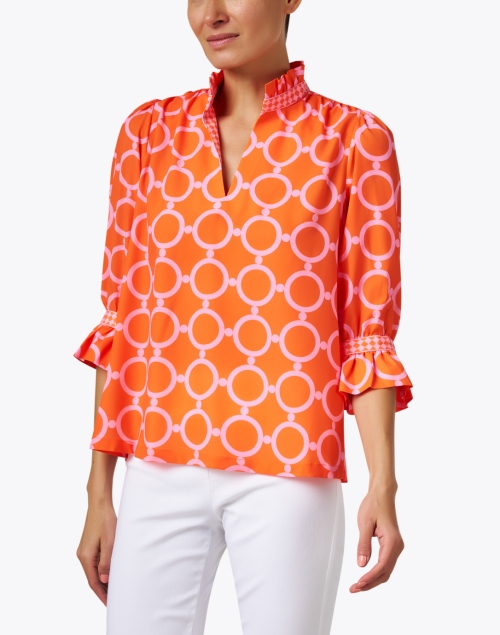Front image - Gretchen Scott - Pink and Orange Print Ruffle Tunic Top