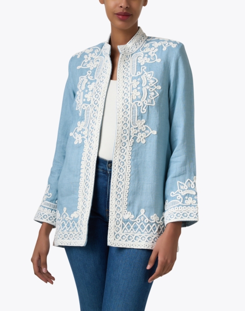 Front image - Bella Tu - Ceci Blue Embroidered Linen Jacket