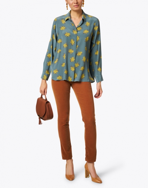 Baltic Blue and Yellow Floral Silk Blouse