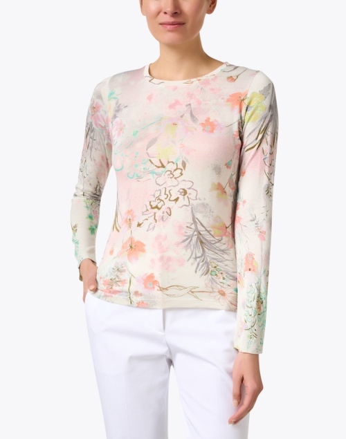 Front image - Pashma - White Floral Print Cashmere Silk Sweater