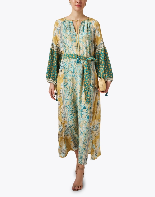 Avni Gold and Blue Print Silk Dress
