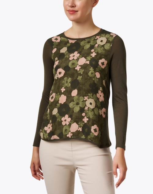 Front image - WHY CI - Green Floral Print Panel Top