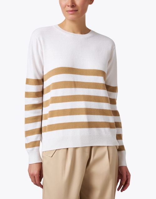 Front image - Johnstons of Elgin - Luna White and Camel Striped Cashmere Sweater