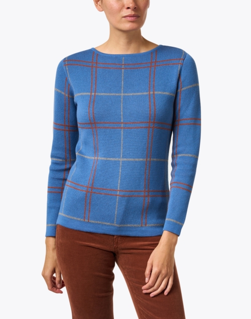 Front image - Blue - Blue Plaid Intarsia Cotton Sweater