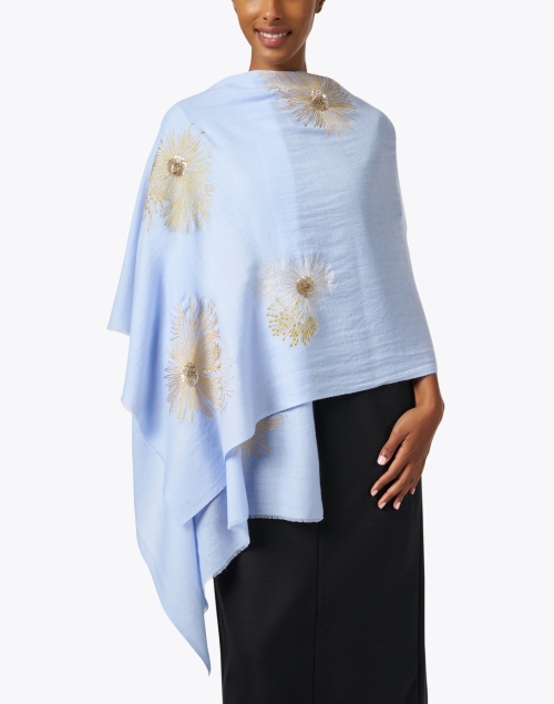 Front image - Janavi - Blue Embroidered Merino Wool Scarf
