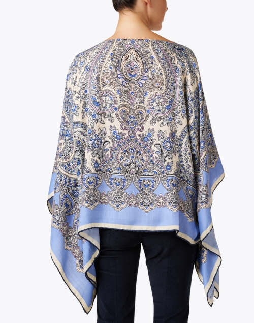 Back image - Rani Arabella - Blue Paisley Print Cashmere Silk Poncho