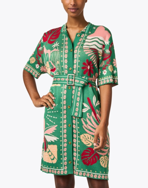 Front image - Farm Rio - Green Multi Intarsia Knit Shirt Dress