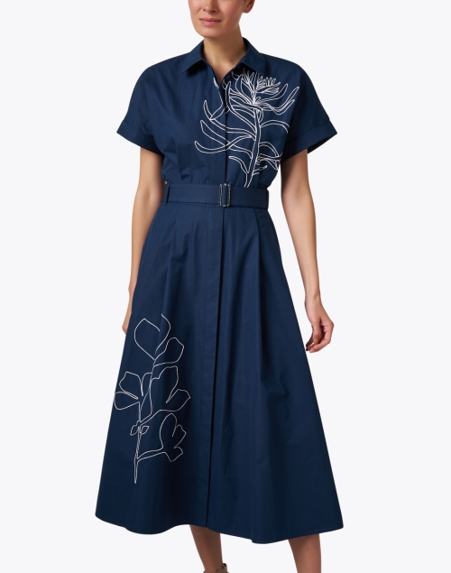 Front image - Lafayette 148 New York - Upland Blue Embroidered Shirt Dress