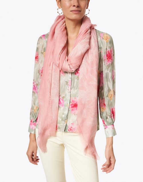 Pink and White Hand Painted Floral Cashmere Scarf
