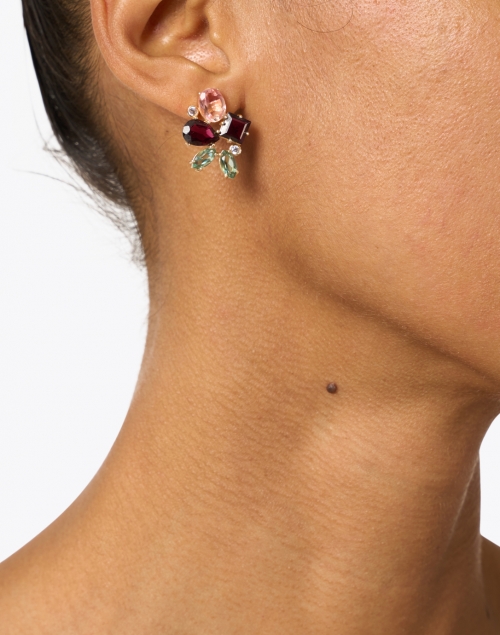 Rouge Garnet, Green Quartz, Crystal Rose Cluster Stud Earrings
