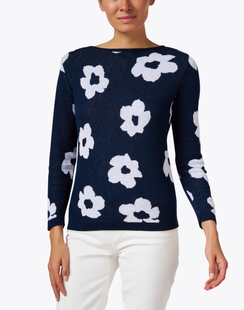 Front image - Blue - Navy and White Floral Cotton Sweater