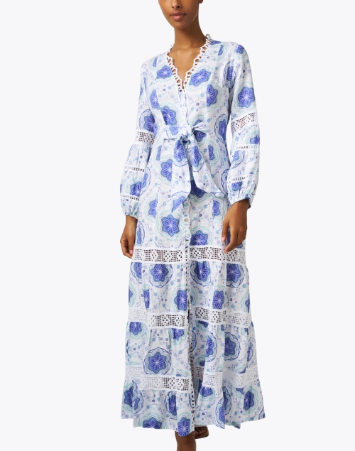 Front image - Temptation Positano - Bacco Blue Printed Linen Dress