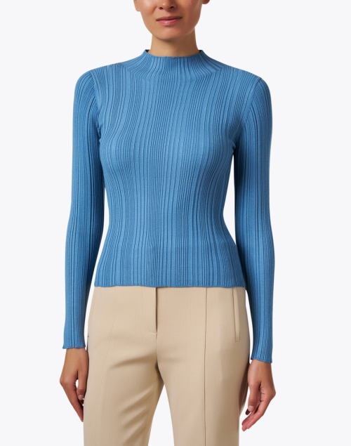 Front image - Veronica Beard - Vinny Blue Rib Knit Top