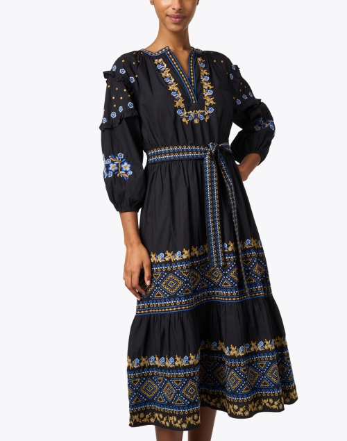 Front image - Shoshanna - Daria Black Embroidered Cotton Poplin Dress