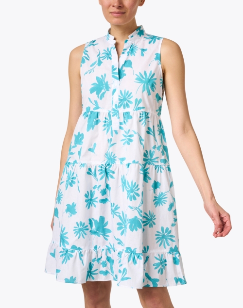 Front image - Rosso35 - White and Turquoise Print Cotton Dress