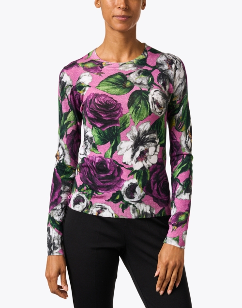 Front image - Samantha Sung - Charlotte Pink Rose Print Silk Cashmere Sweater 