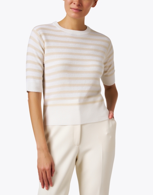 Front image - Allude - Beige and Ivory Striped Sweater